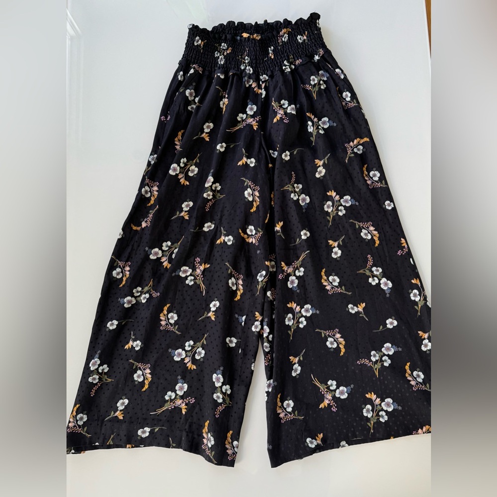 Rebecca Taylor Black Silk Floral Smocked Waist Wide-Leg Pants | Size S